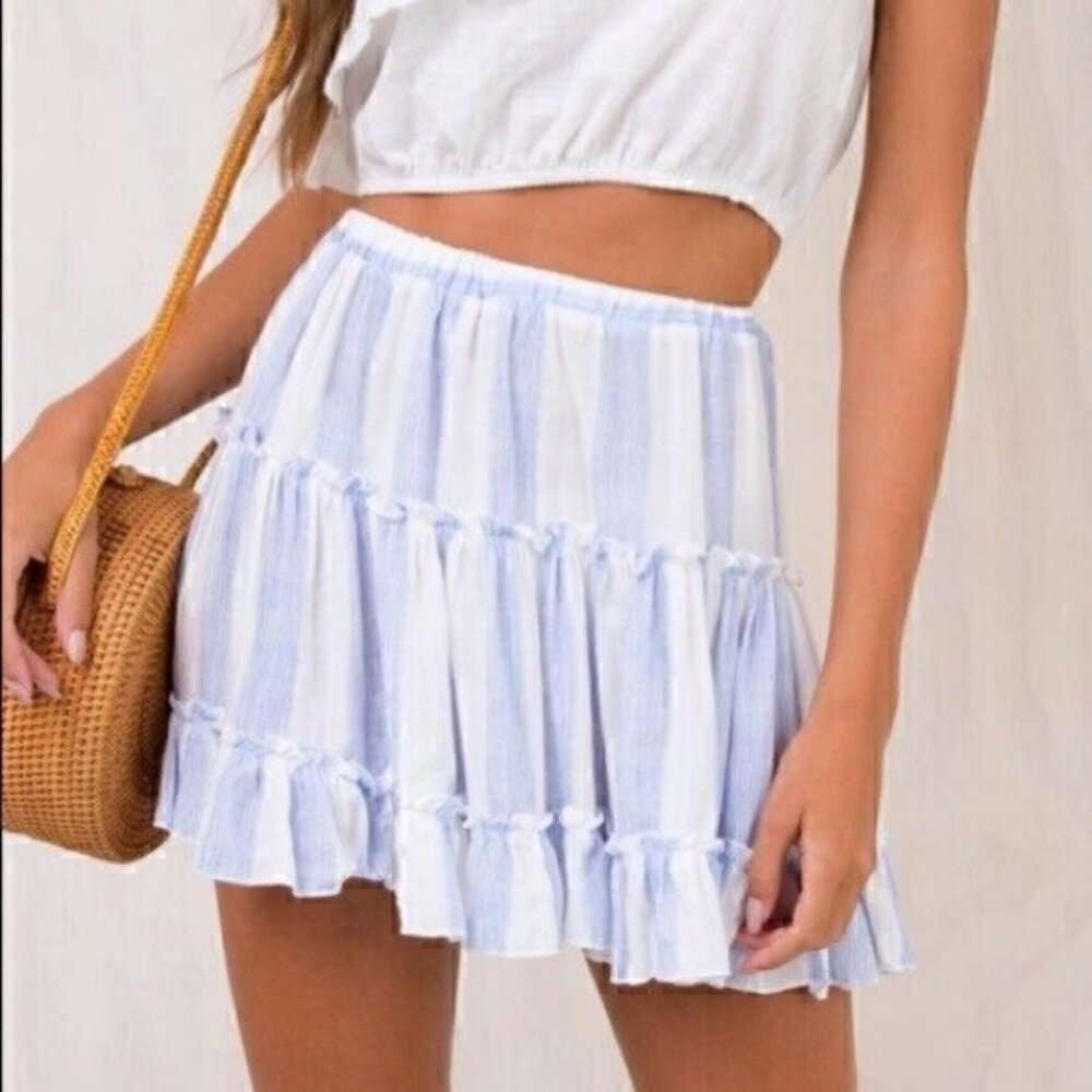 Princess Polly Salt Water Ruffle Mini Skirt White Blue Striped Size 0